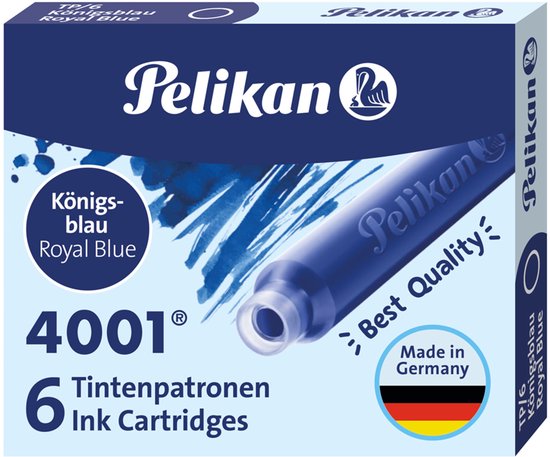Verpakking met 6 Pelikan 4001 inktpatronen, Königsblau Royal Blue.