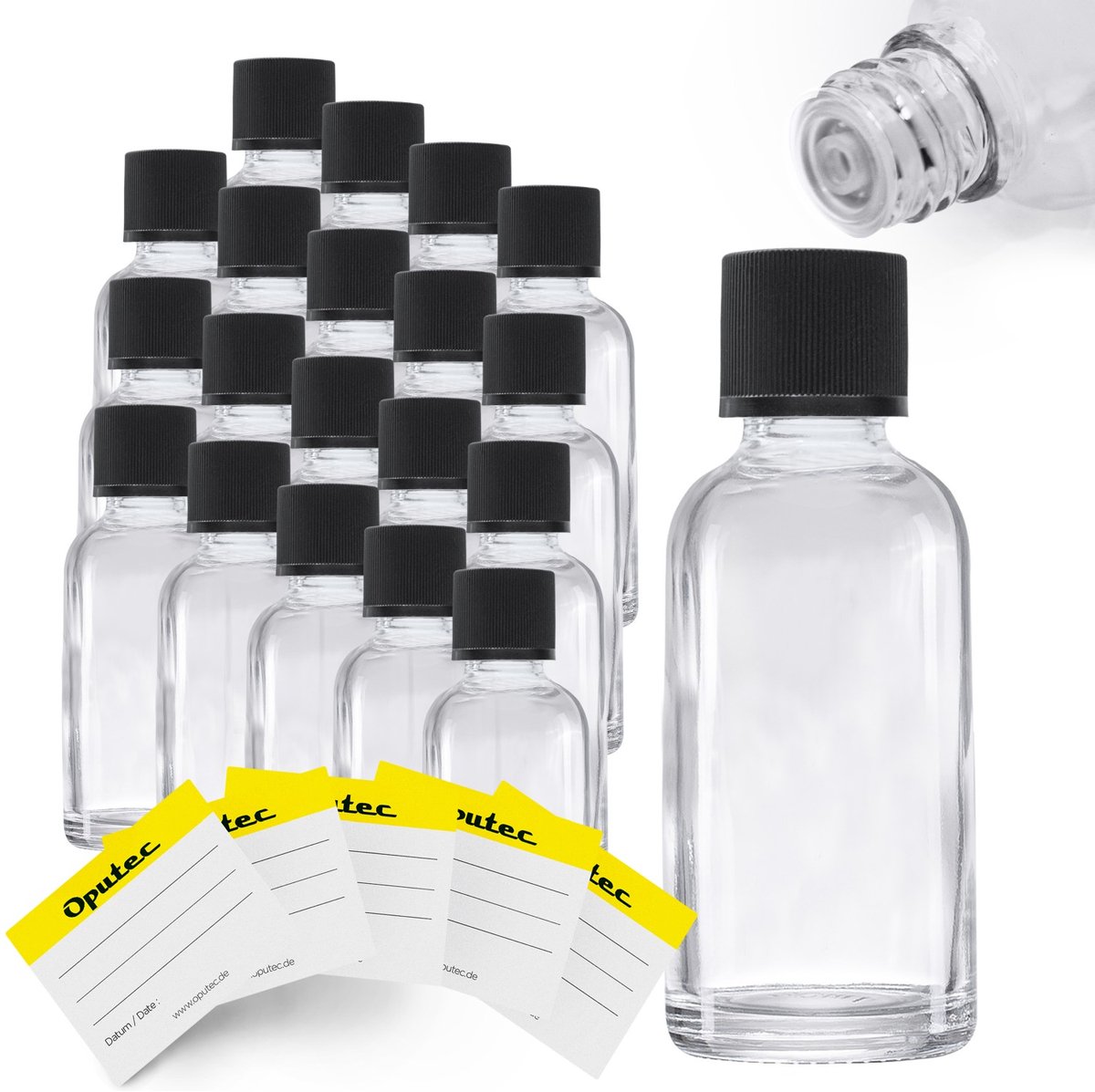 Oputec 20 x 30 ml druppelflesjes van helder glas & etiketten – praktische apothekersflesjes met druppelinzet – lekvrij & herbruikbaar