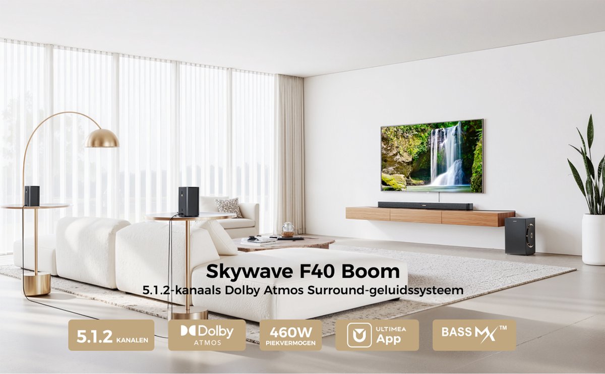 Afbeelding 2 van ULTIMEA Skywave F40 Boom - 5.1.2 Dolby Atmos Soundbar met 6,5-inch Subwoofer geschikt voor TV - Zwart