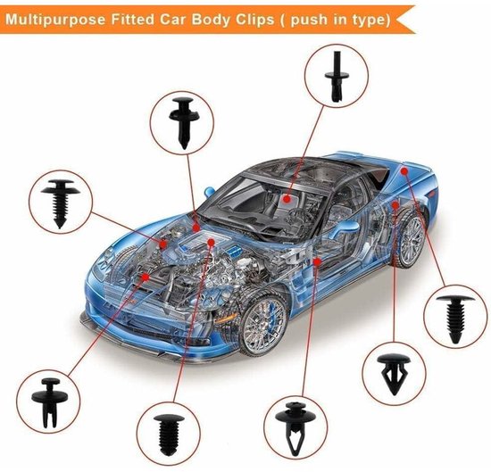 Illustratie van een auto met verschillende zwarte plastic klinknagels die in verschillende delen van de auto worden aangegeven.