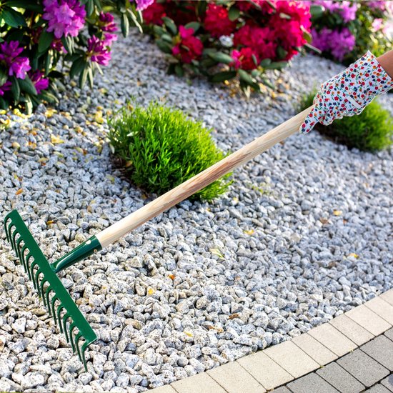 KADAX Hark van metaal, platte hark met steel van hout, bladbezem voor tuin, bloembed, bladbreken, gazonhark, groen, tuingereedschap, hooikoork, tuingereedschap, hark (16 tanden) van Merkloos	 — afbeelding 2