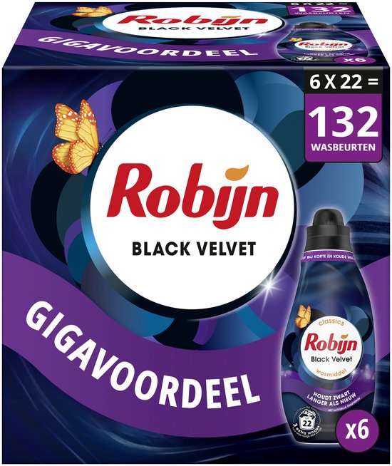 Robijn - Vloeibaar Wasmiddel - Klein & Krachtig -Black Velvet - 6 flessen -132 wasbeurten - Voordeelverpakking