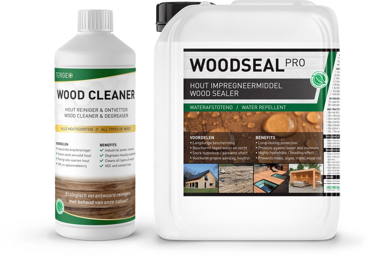 Combi Deal - Hout impregneermiddel & Hout Reiniger / Ontgrijzer - Krachtige Nano Coating - Duurzaam Impregneren en 100% Waterdicht maken Tuinhout, Schutting, Vlonder, Planken - Woodseal Pro 5L (30m2) + Houtreiniger 1L