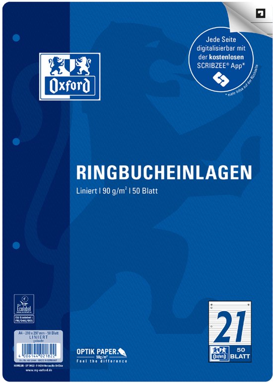 Blauwe Oxford ringband vulling, A4, gelinieerd, 50 vel.