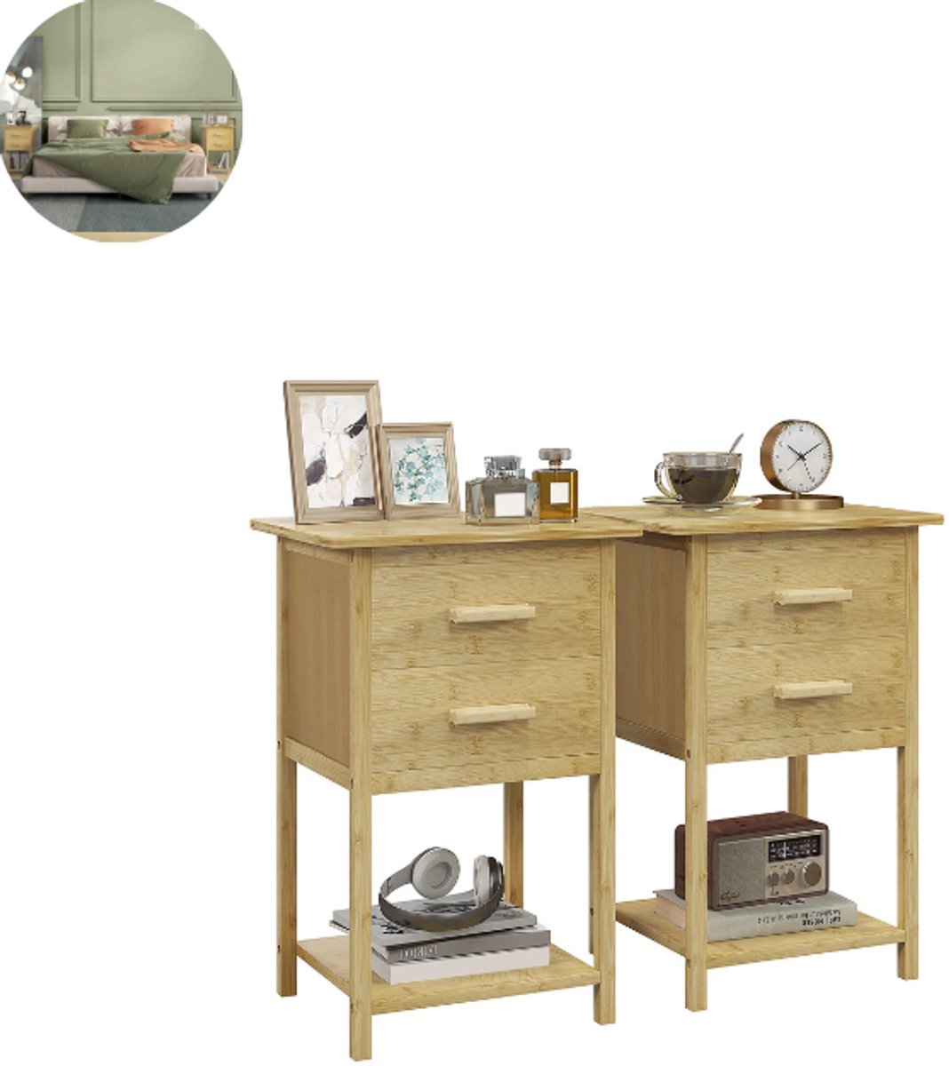 Nachtkastjes - set van 2 - met Lade - Wandkast - Hout - Natuurlijk hout - Ladekastje - Dressoir - Hal - 40L x 34B x 60H cm