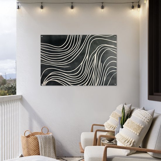 Tuinposter 120x80 cm - Tuindecoratie Lijnen - Patroon - Abstract - Wit - Poster voor in de tuin - Buiten decoratie - Schutting tuinschilderij - Tuindoek muurdecoratie - Wanddecoratie balkondoek