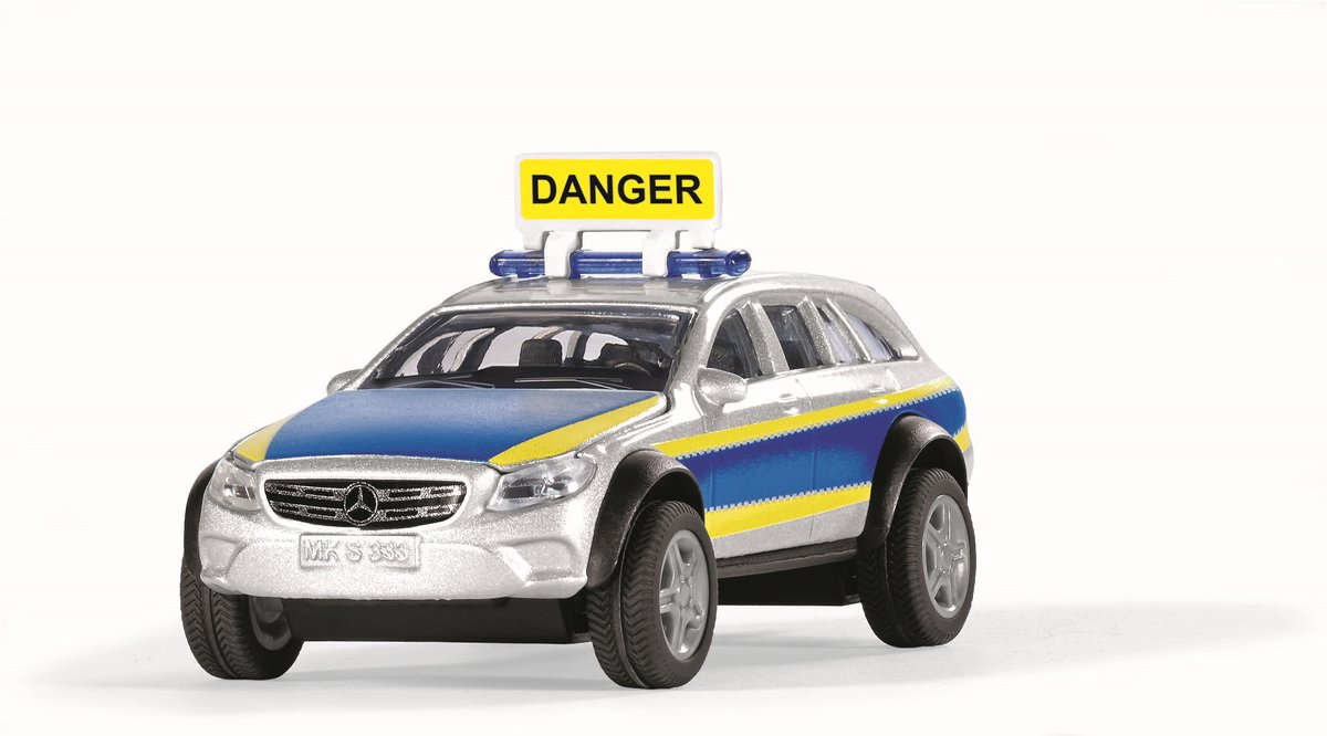 siku 2302 politiewagen Mercedes-Benz E-klasse All Terrain 4x4², politiespeelgoed 1:50 metaal/plastic,incl. waarschuwingsbord met stickers, opklapbare motorkap en achterklep