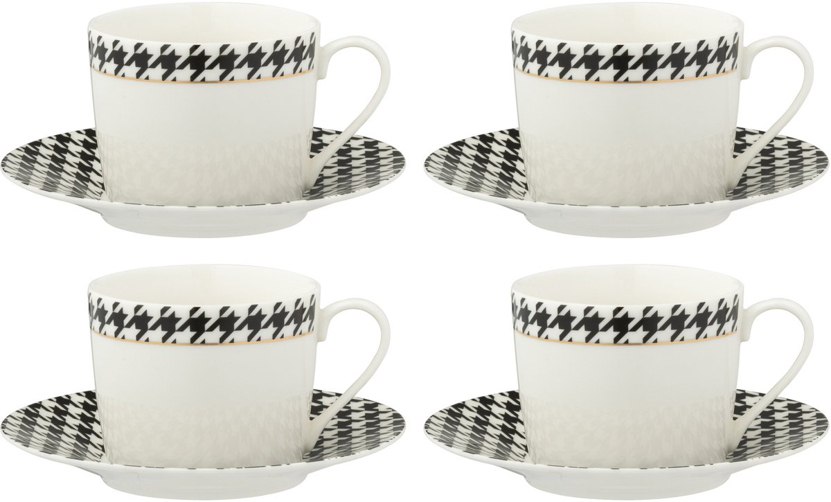 J-Line koffietas + bord Pied-Poule - porselein - wit/zwart - doos van 4