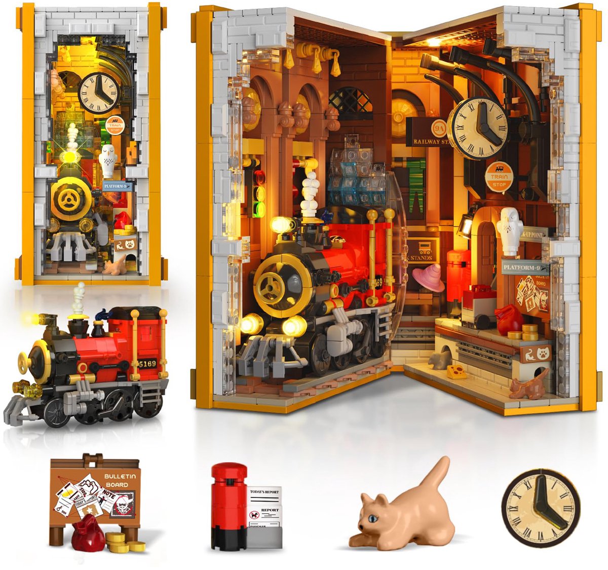 HOGOKIDS Magisch Treinstation Boekenhoek - Licht 1300 Stuks Bouwsets - DIY Miniatuurhuis Model Bouwpakketten Volwassenen Jongens Meisjes Leeftijd 8+