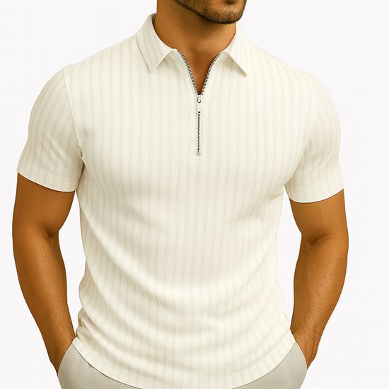Aansluitend Heren Poloshirt - Wit Gestreept - Rits - Polo Shirt - Mode