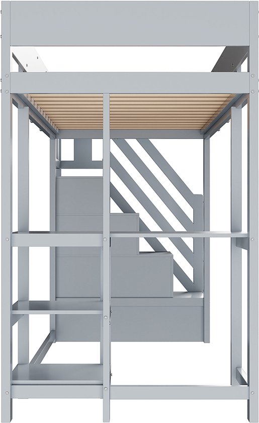 Dolamaní Hoogslaper met ladder en glijbaan, stapelbed, massief houten frame, kinderbed, 90 x 200 cm, veilige en valbestendige uitvoering, voor jongens en meisjes, kinderen en jongeren, grijs