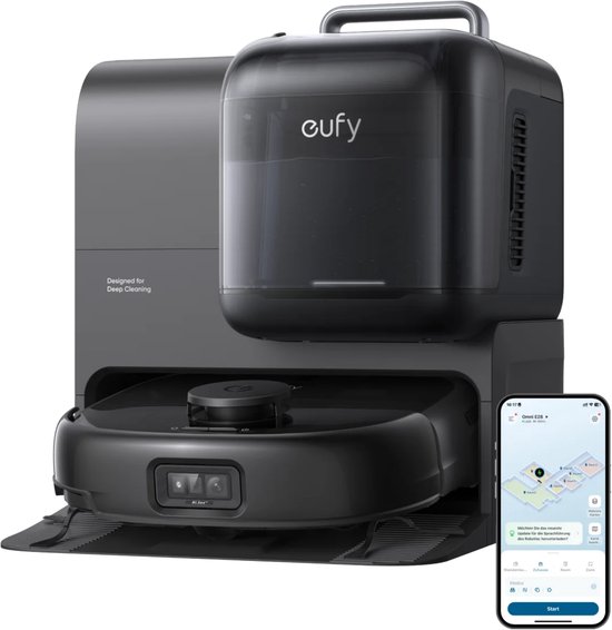 eufy Robotstofzuiger Omni E28, draagbare dieptereiniger, HydroJet systeem, 20.000 Pa zuigkracht, DuoSpiral ontklittende borstels, CornerRover arm, alles-in-één station