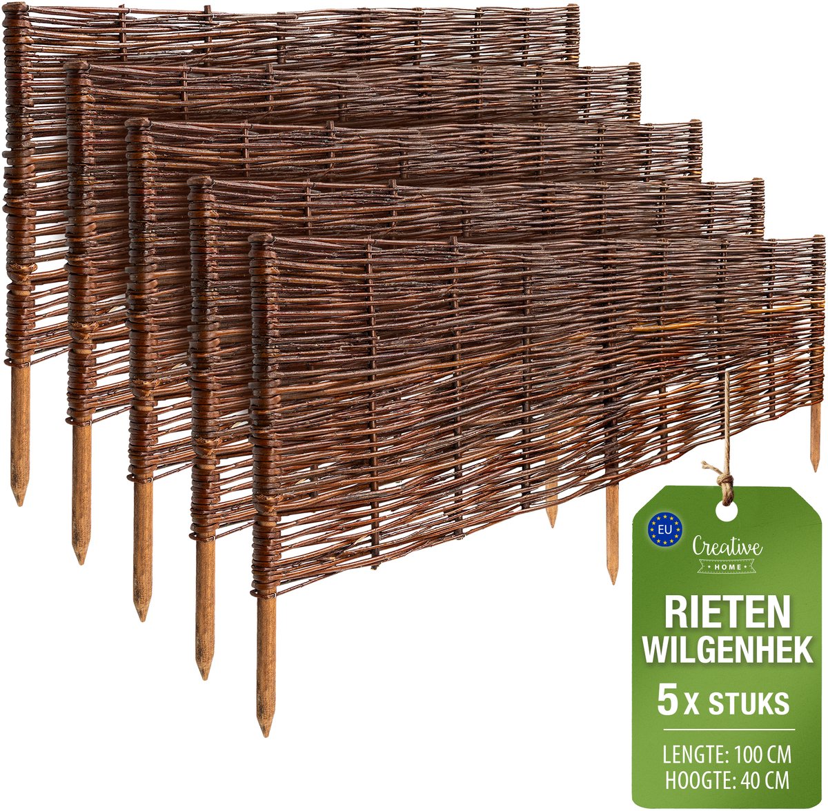 Creative Home rieten bedrand rieten schutting set van 5 | 100 x 40 cm (+/- 1 cm) | tuinafscheiding bedrand piket schutting | gazonafscheiding bedrand | decoratieve schutting tuin