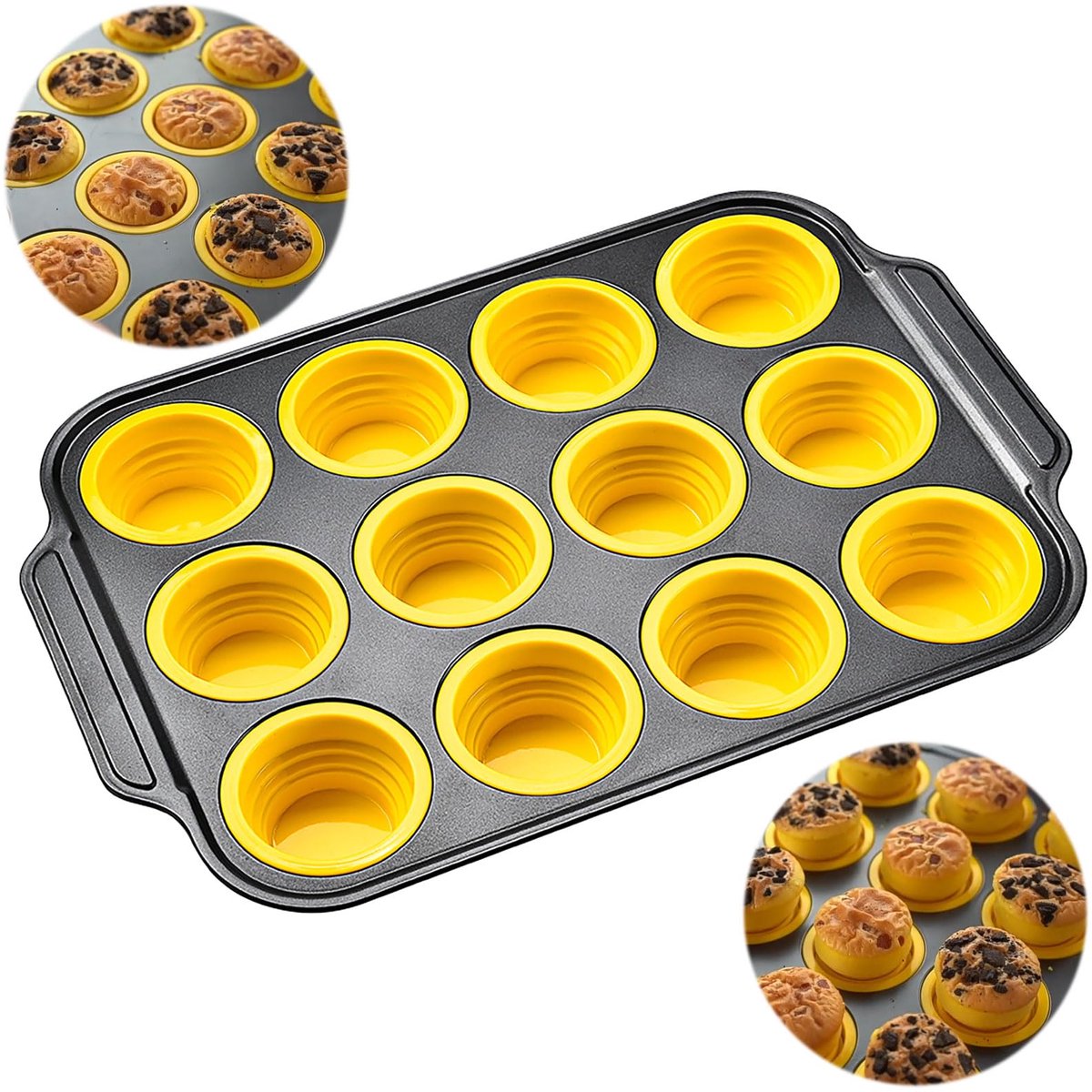 Siliconen muffinvorm met 12 holtes – geschikt voor het maken van cupcakes, cupcakes van standaardformaat en muffins; antiaanbaklaag, niet-giftig, gemakkelijk te ontvormen, oven- en vaatwasserbestendig.