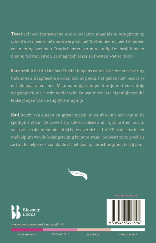 Boekcover met de titel "Het meisjesmanifest" en beschrijvingen van de personages Tess, Sara en Kati.