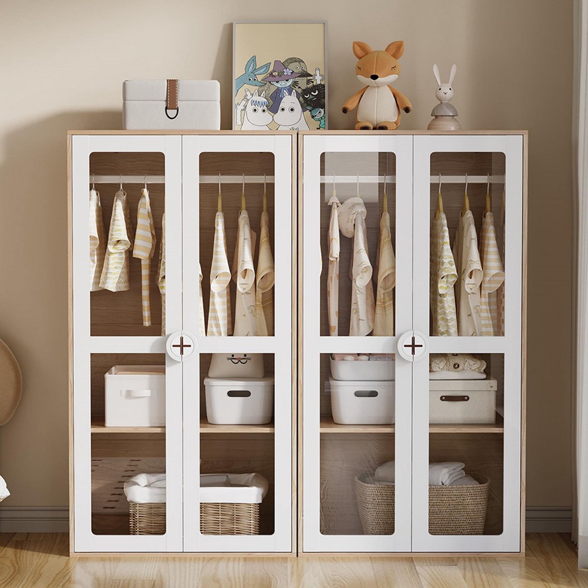 Pugsdrly Kinderkast, kast met dubbele deuren, kast met glazen deur, met kledingroede, combinatie van 2 kasten, wit + naturel houtkleur, gelakte panelen + spaanplaat, 160 × 50 × 150 cm