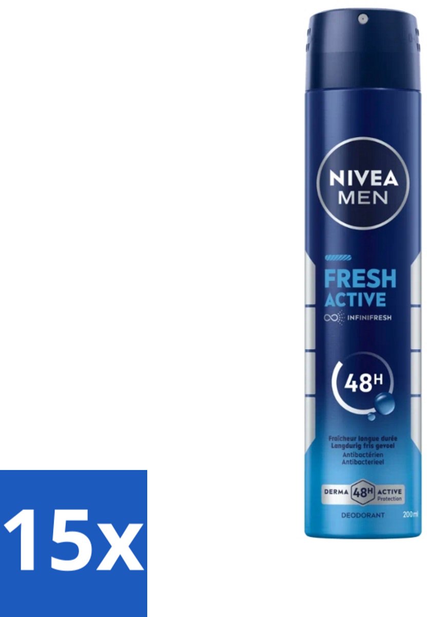 15 x Nivea - Deo Spray XL - Fresh Active - 48 Uur Lang Werkend - 200 ml - NIVEA MEN Deodorant Spray - Fresh Active - 48 Uur Bescherming - Anti-geur - Oceaanextracten