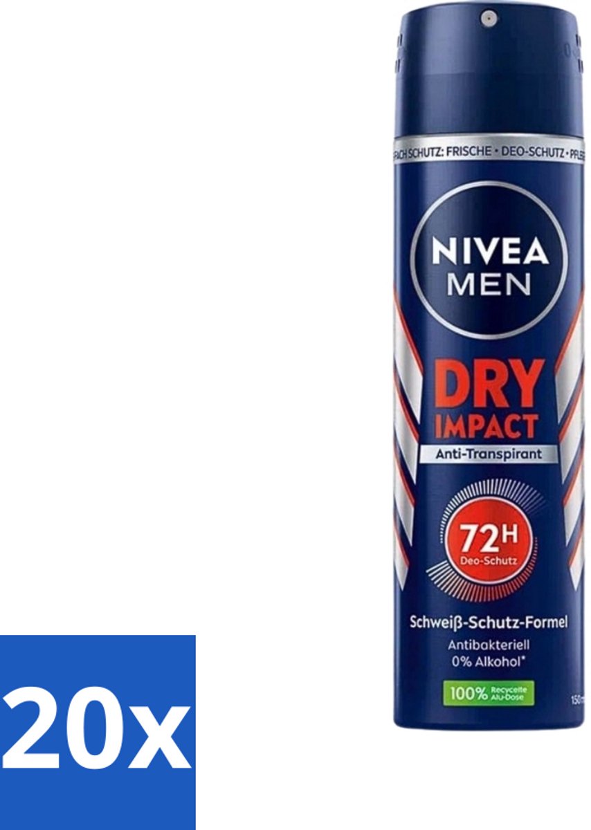 20 x Nivea - Men - Deo Spray - Dry Impact - 48 Uur Lang Werkend - 150 ml - 48 Uur Anti-transpirant - Deodorant Spray - Mannelijke Geur - Droge Huid - Frisheid