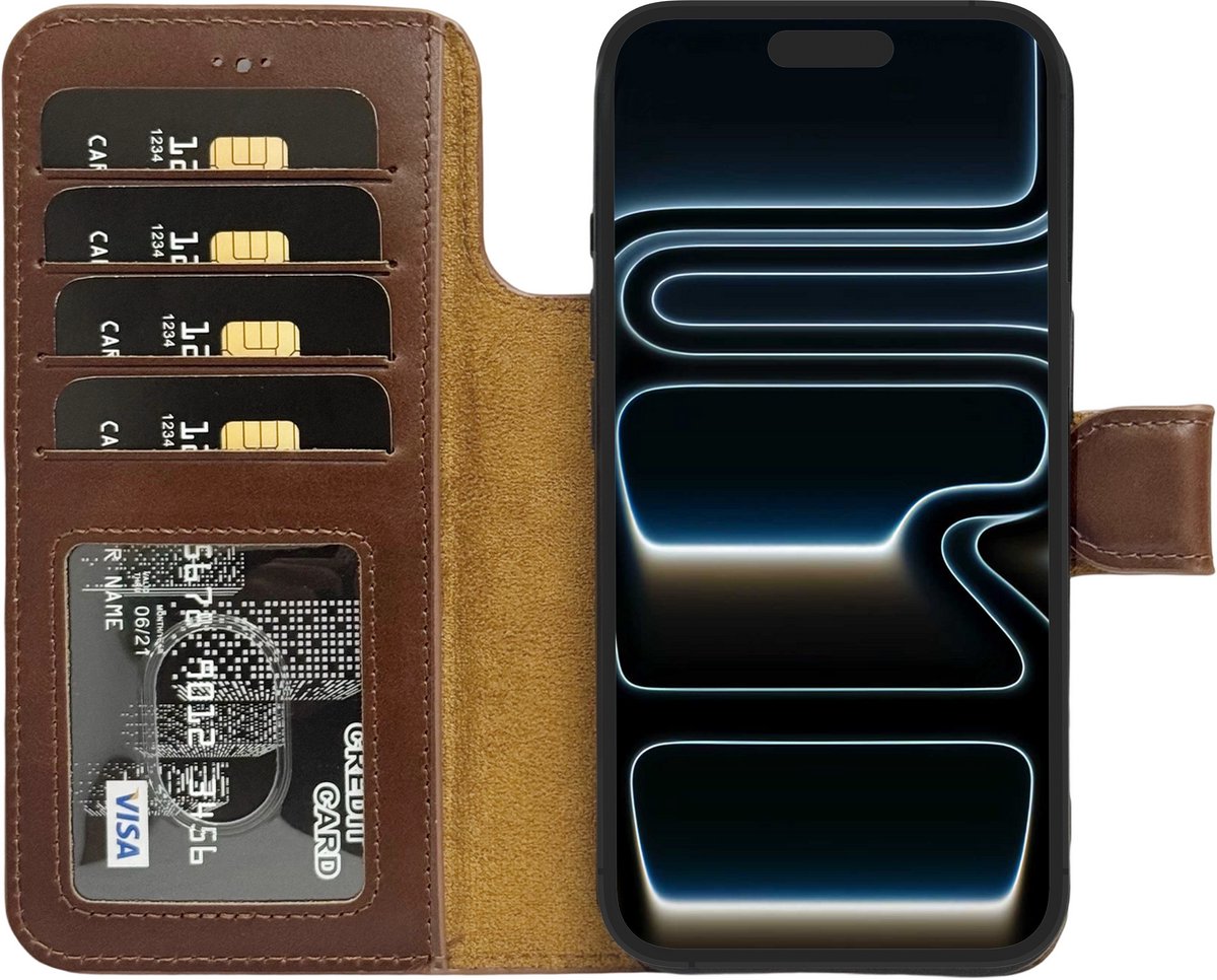 Lykke iPhone 17 Pro Max Hoesje- Echt Leren Hoesje met MagSafe -Pasjeshouder- Uitneembare Backcover – Bruin