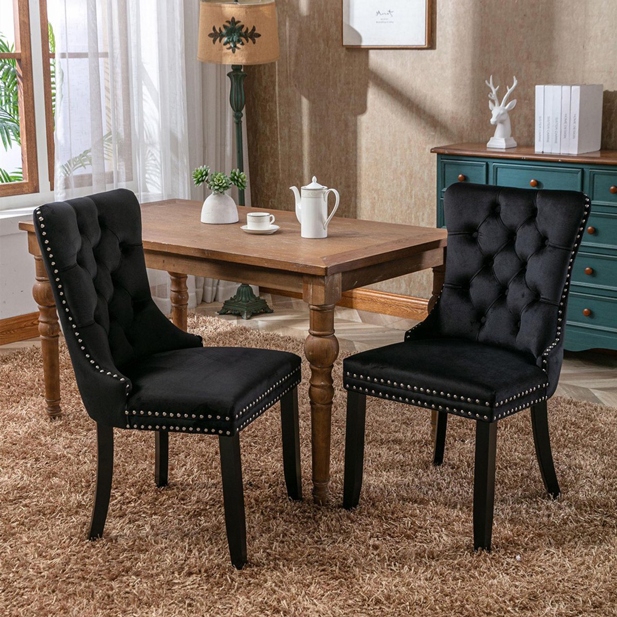 Pugsdrly Eetkamerstoelen set van 2 - Modern design - Fluweel zwart - Massief houten poten - Getuft - Spijkerkopversiering