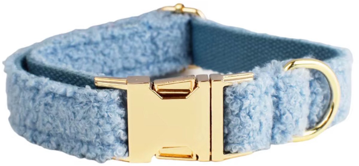 Luxe Blauwe Hondenhalsband – Bouclé Stof, Gouden Gesp, Maat M (27–41cm) | Comfort & Stijl