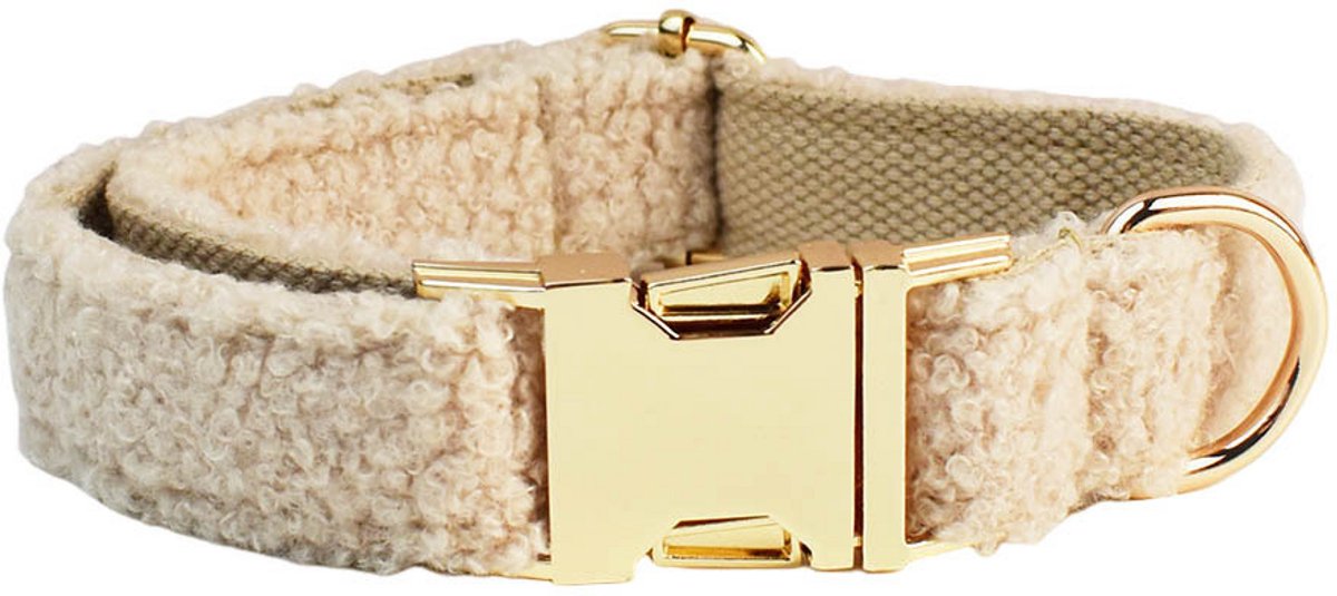 Beige Luxe Hondenhalsband – Textiel Design, Gouden Gesp, Maat M (27–41cm) | Elegant & Verstelbaar
