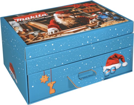 Gesloten blauwe Makita adventskalender 2025 met sterren, 2 rode kerstmutsen, kerstkoekjes en sterdecoraties.