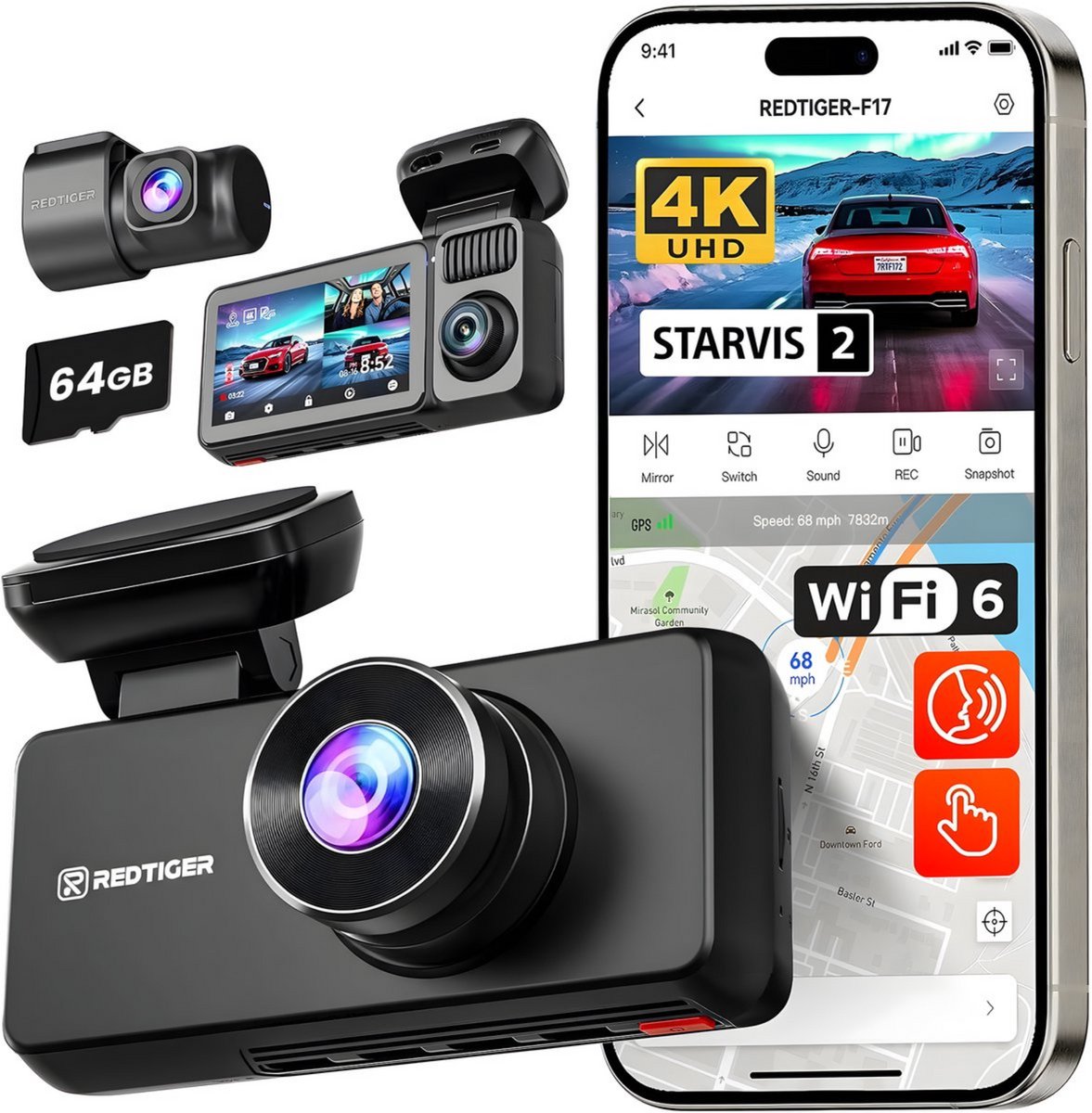 RedTiger F17 Dashcam voor auto - Ultra 4K & 1080P & 1080P– Voor en Achter Camera – Binnenkant camera - 2024 Model - WiFi en GPS – 3.0 Inch met App - Sony Sensor Nachtzicht - Parkeerbewaking - G Sensor - Loop opname - FullHD achter en binnen camera -