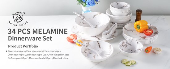 Serviesset 34-delig - bordenset voor 6 Personen - Melamine - Lichtgewicht, Breukvast en Vaatwasserbestendig - Voor Camping , Picknick en Thuis - Royal Swiss® — afbeelding 4
