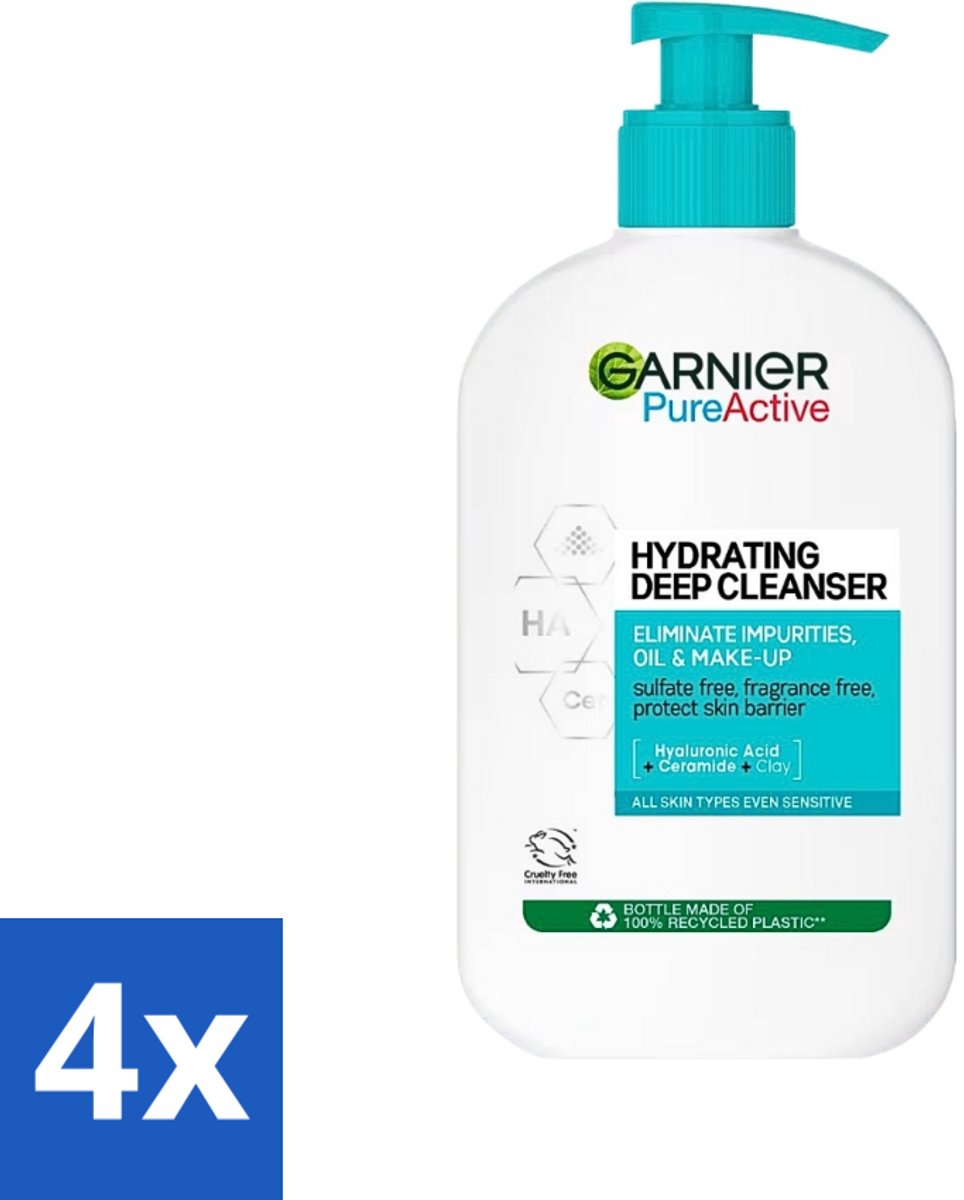4 x Garnier - Pure Active - Gezichtsreiniger - Hydraterend - 250 ml - Gezichtsreiniger - Hydraterende Reiniger - Garnier Pure Active - Gezichtsverzorging - Gevoelige Huid
