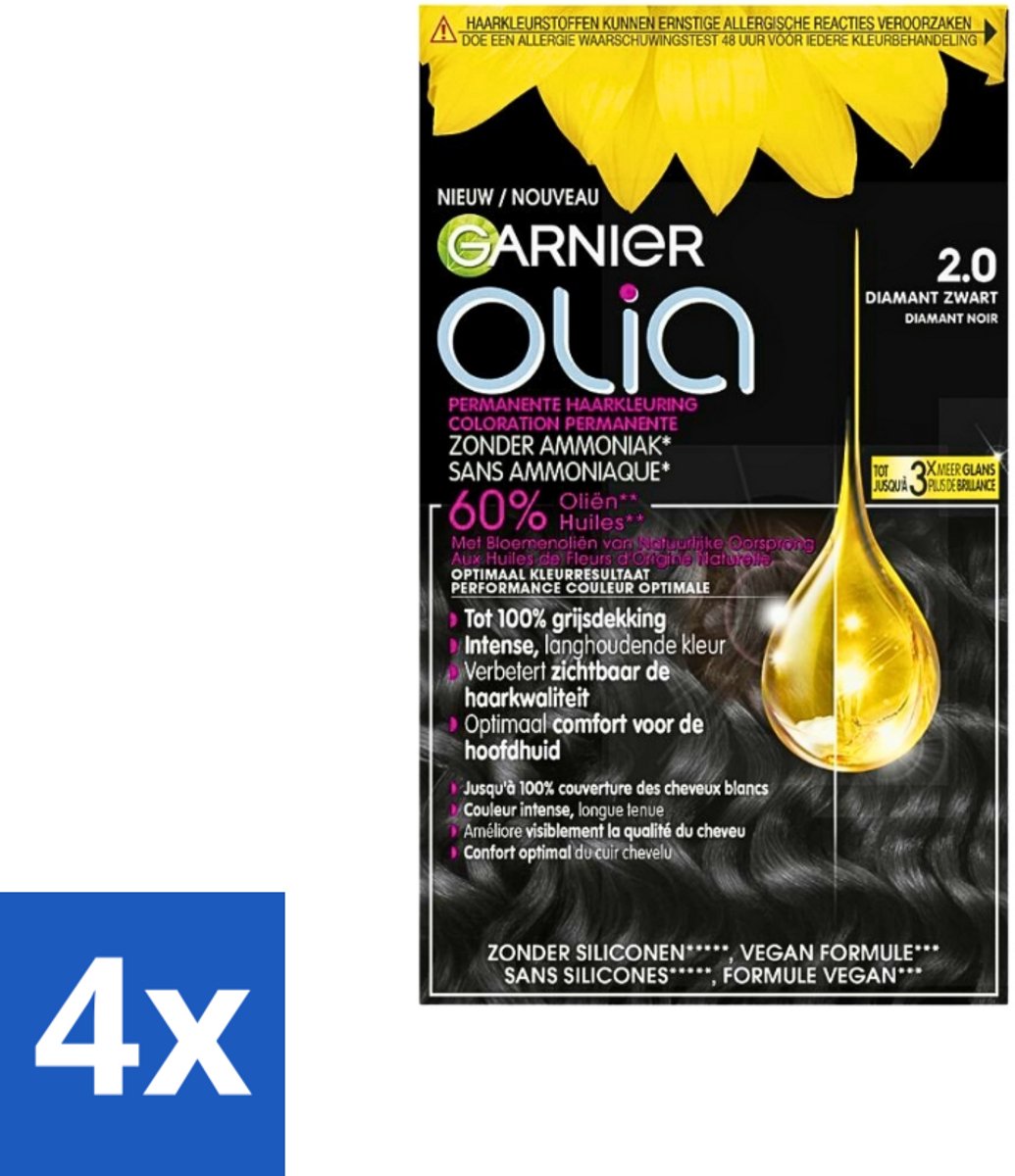 4 x Garnier - Olia 2 - Haarkleuring - Diamant Zwart - Zonder Ammoniak - 60% Olie - Permanente Kleur - Permanente Haarkleur - Haarkleur Diamanten Zwart - Haarkleur Zonder Ammoniak - Haarkleur Met Olie - Garnier Olia