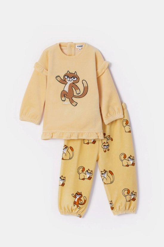 Ensemble de pyjama en velours jaune clair : sweat avec chat brodé et pantalon à imprimé chat all-over.