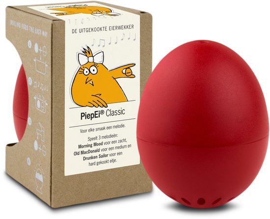 Verpakking met rode PiepEi Classic kookwekker. Cartoon kip met strik speelt muzieknoten. "De uitgekookte eierwekker".