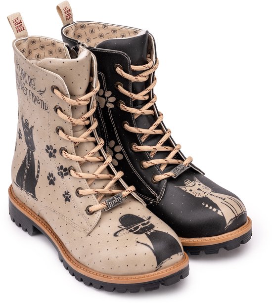 Bottines Goby pour femmes avec motif de chat. Noir et beige avec lacets et fermeture éclair.
