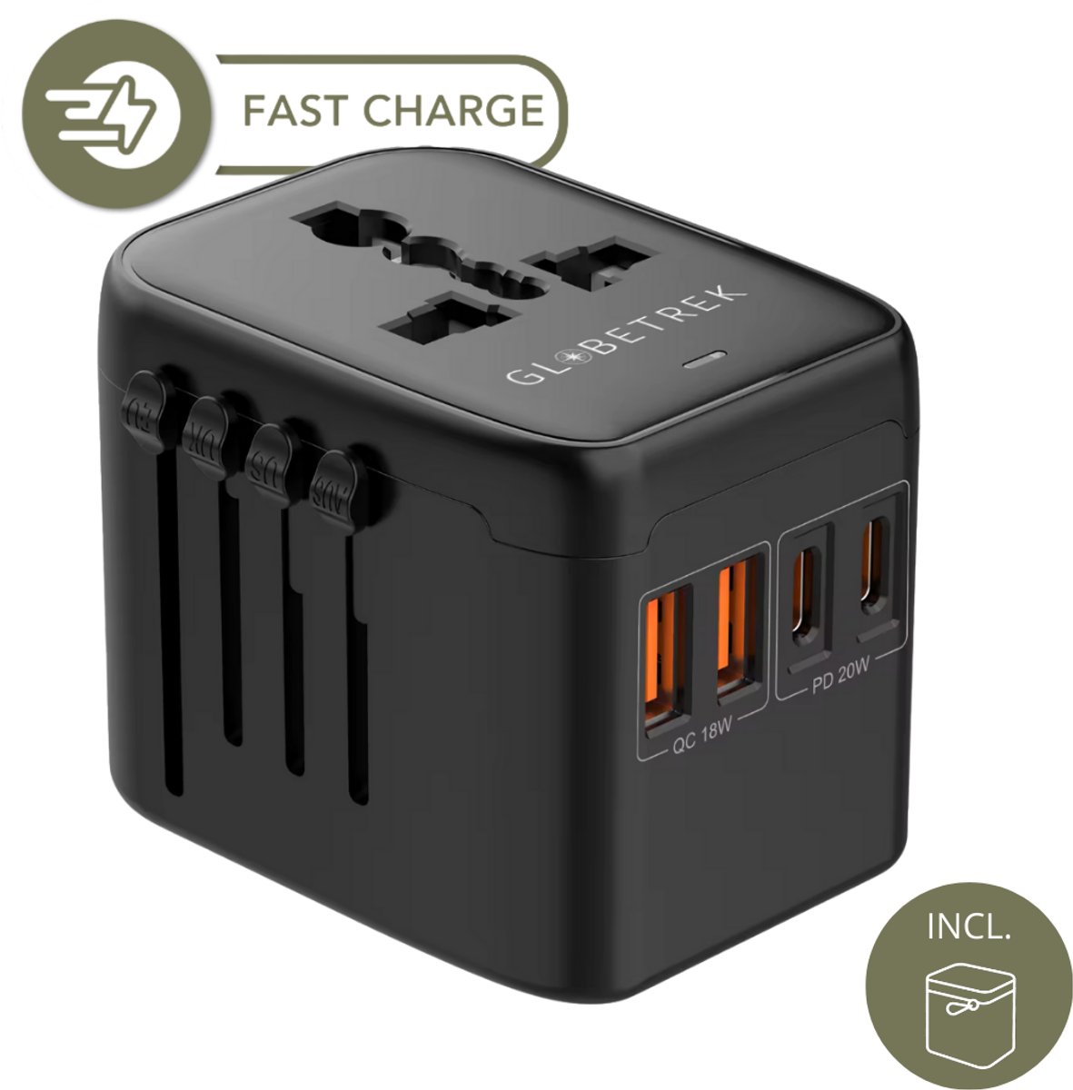 Bol.com GlobeTrek® Wereldstekker - Reisstekker - Fast Charging - 2 USB-C & 2 USB-A - Universele Wereldstekker voor 170+ Landen: ... aanbieding