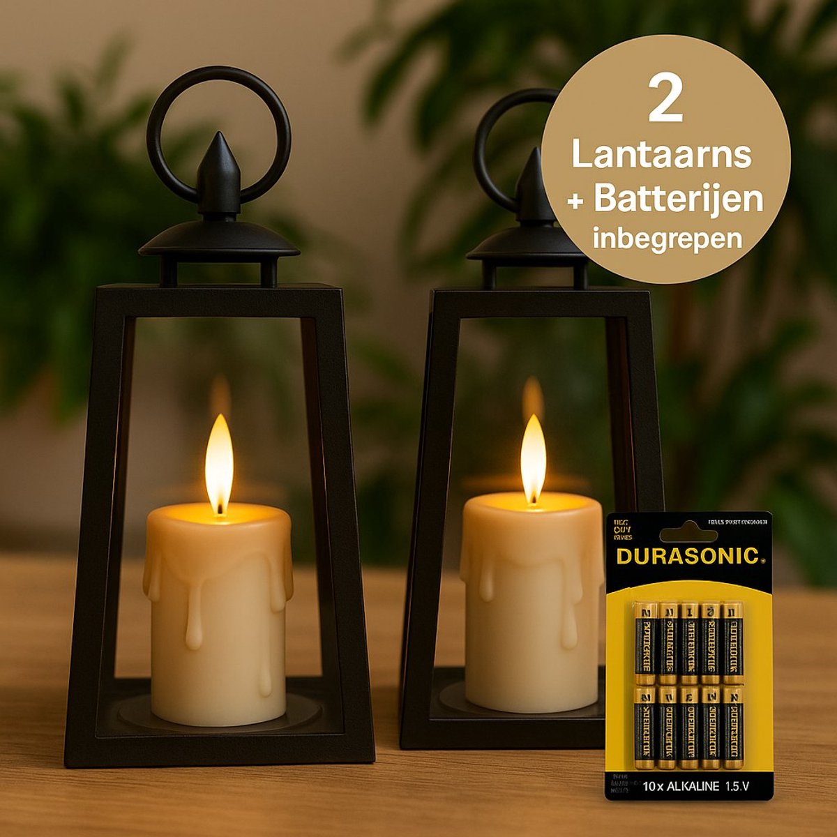 Set van 2 Zwarte LED Lantaarns met 3D Vlam + Batterijen – Timerfunctie – 20,5 cm