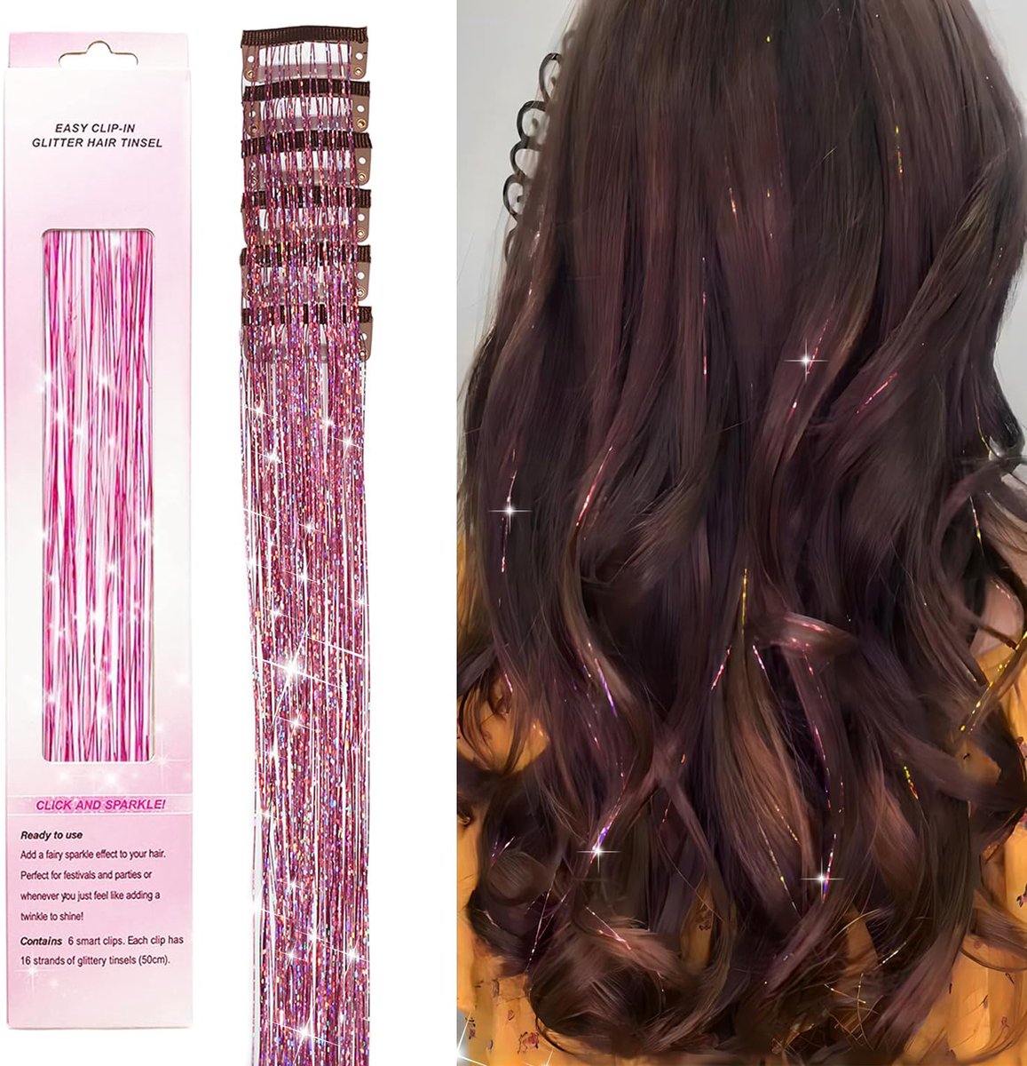 Set van 6 roze haartinsels - Glitter extension - Glitterhaar - Pastel pink clip hair extension - Perfect voor festivals en feesten