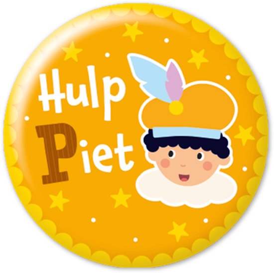 Gele ronde knop met de tekst "Hulp Piet", een vrolijke Piet-illustratie en gele sterren.