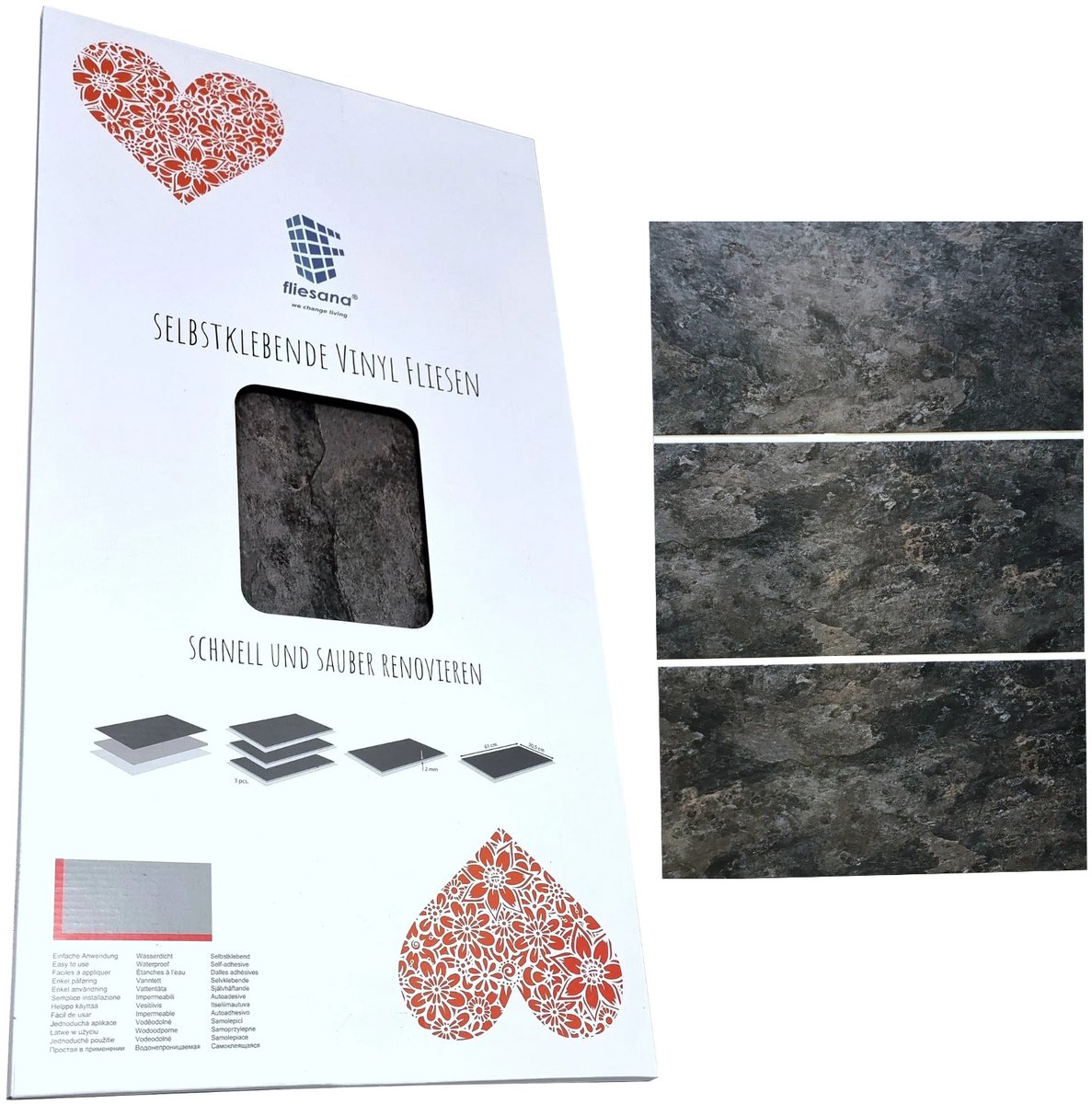 Fliesana - Zelfklevende wand- en vloertegels - set van 3 - waterbestendig, natuursteendessin (leisteen)