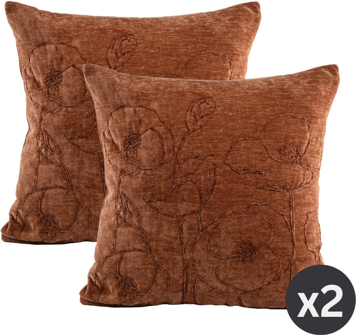 Tiseco Kussen (gevuld) JULOT - Geborduurde bloemen - 45x45 cm, Cognac