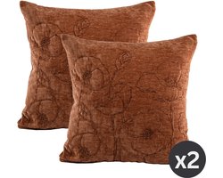 Tiseco - Kussen (gevuld) JULOT - Geborduurde bloemen - 45x45 cm, Cognac