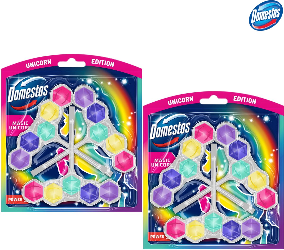 Domestos Power 5 Unicorn Edition WC Blokjes - 2 Pack - 6 x 50g - Bestrijdt Kalkaanslag en zorgt voor Hygiene en Frisheid tot 900 Spoelingen - WC Blokjes Voordeelverpakking - Toilet Blokjes