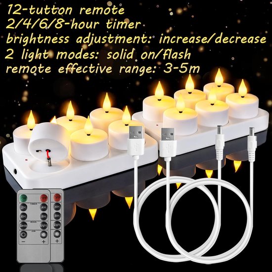 12 oplaadbare theelichtjes met laadstation en timer - led-theelichtjes - flikkerende kaarsen met afstandsbediening - timerfunctie - perfect voor thuis - Halloween - pompoen - Kerstmis - feestdecoratie