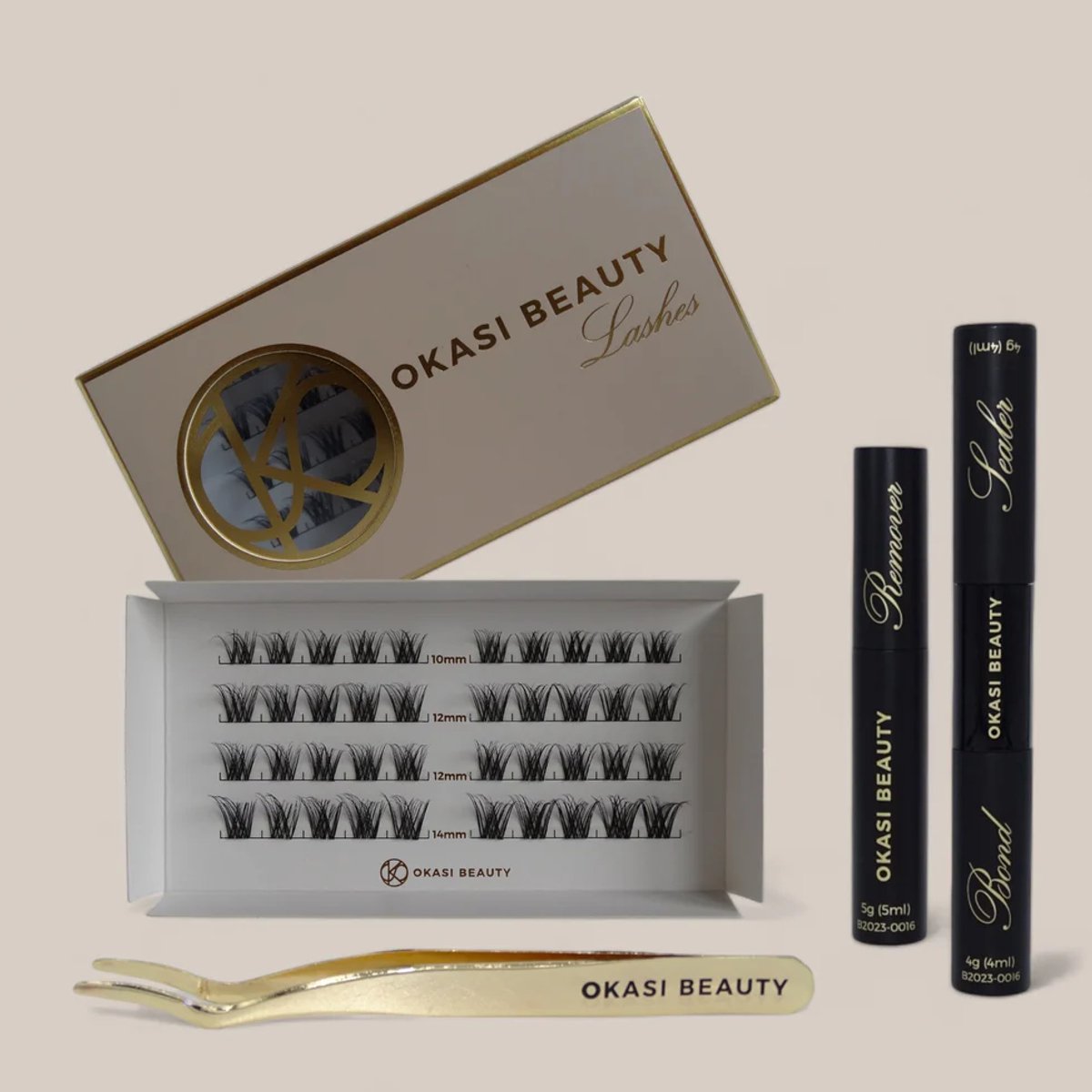 Okasi Beauty - Flirty Lashes Starter Kit - Complete DIY Wimperset met wimperplukjes - Mix lengte 10-12-14 mm - Bond & Sealer - Remover - Applicator - Natuurlijke speelse wimperlook - wimperextensions