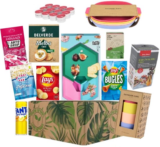 Coffret cadeau - Coffret shopping - Coffret Noël - Coffret cadeau avec service à Tapas - tasses et assiettes - Snacks - Snoep - Chips - Thee - Bougies - Cadeau d'affaires - Coffret cadeau