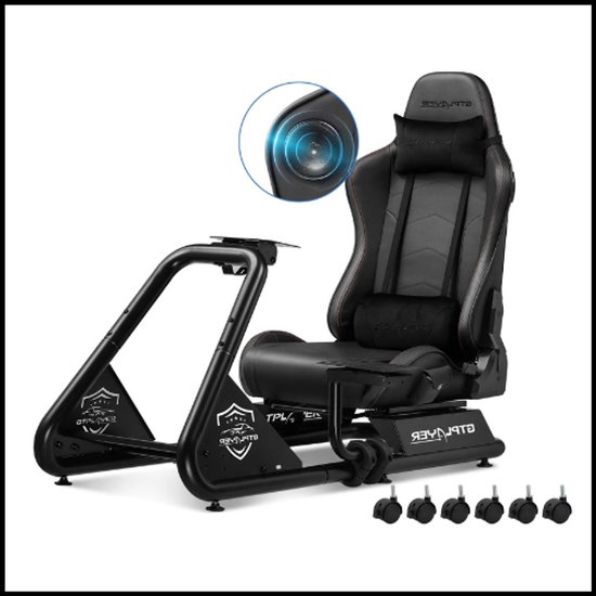 GTPLAYER Simulator Cockpit Zwart - Sim Racing Cockpit - Stuurwielstandaard met Pedalen en Speakers - Verstelbare Zwarte Stoel en Pedalen - Compatibel met Alle Stuurwielen - Veilig en Duurzaam - Eenvoudig Montagesysteem