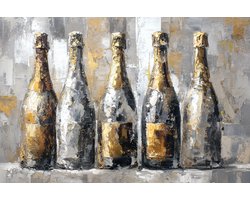 K&C Art (Canvas schilderij) 60x40cm | Champagneflessen - grijs - goud - wit - zwart - beige - modern - kunst | Woonkamer - slaapkamer - hal - kantoor | Foto schilderij print op canvas - wanddecoratie - muurdecoratie - wall art