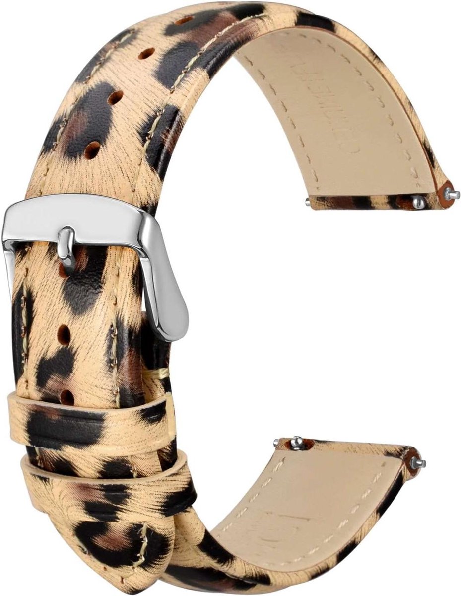Bloem Horlogeband 18mm Dames Echt Leer Snelsluiting Luipaard Patroon Zilveren Gesp