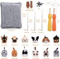 Naaldvilt set met kussen, gereedschap, wol en dierenfiguren. Afmetingen van de set en dieren, met Duitse tekst.