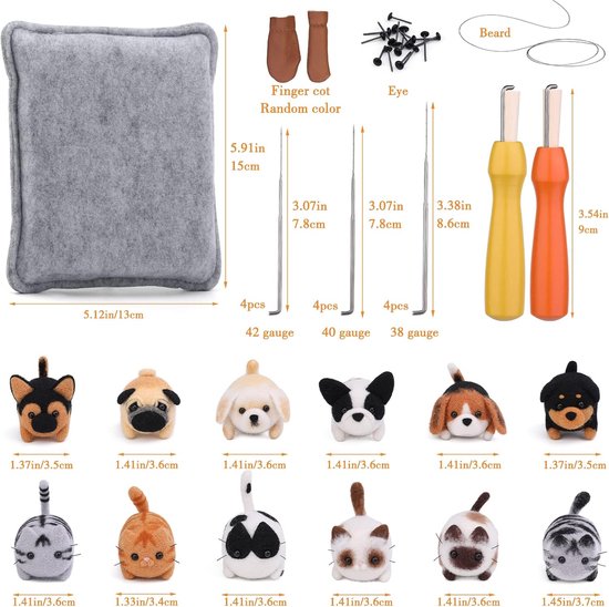 Naaldvilt set met kussen, gereedschap, wol en dierenfiguren. Afmetingen van de set en dieren, met Duitse tekst.